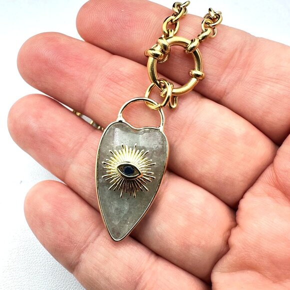 Aventurine Gemstone Heart Evil Eye Pendant Necklace 18K Gold Plated Chain 19" - Picture 3 of 9